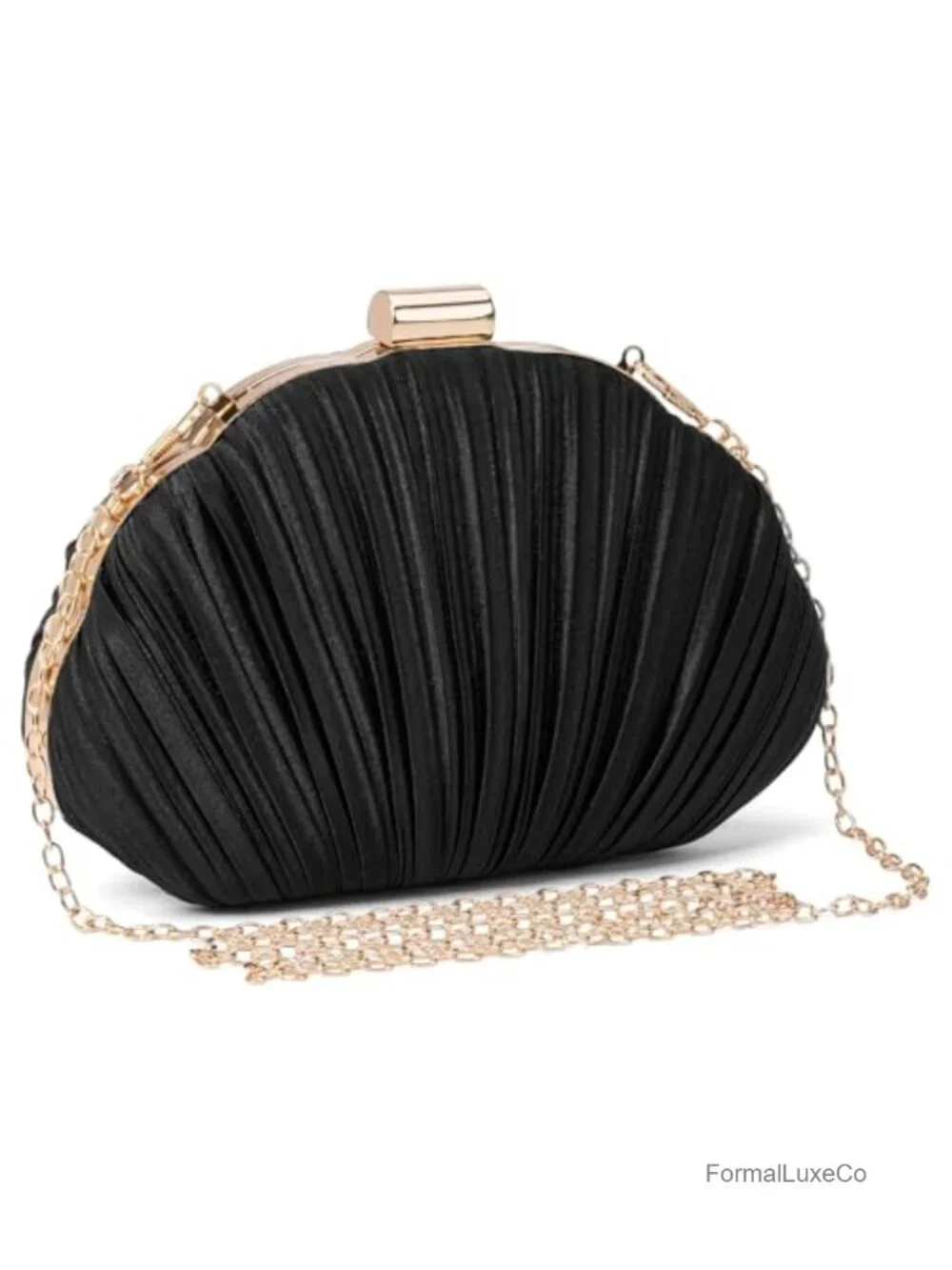 Pleated Satin Seashell Evening Clutch Purse with Chain - Wedding Formal Handbag